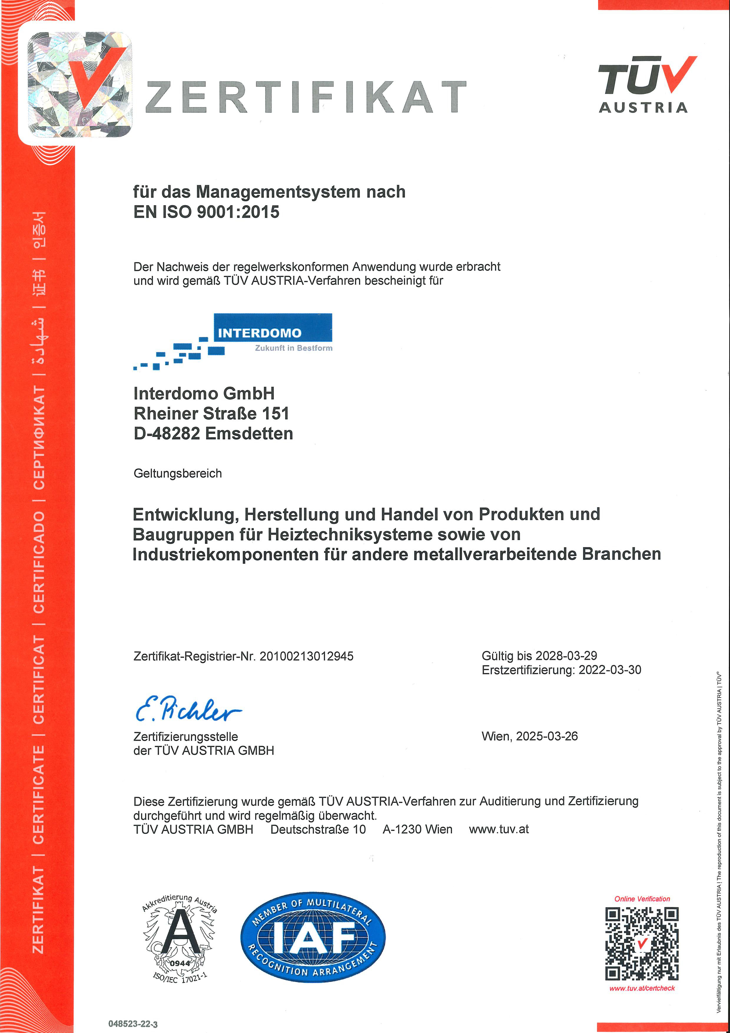 Zertifikat ISO 9001:2015